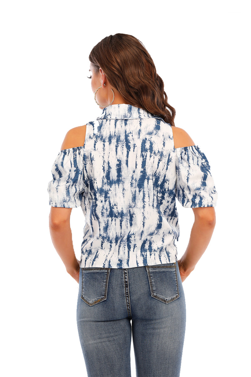 blue marble print cold shoulder shirt