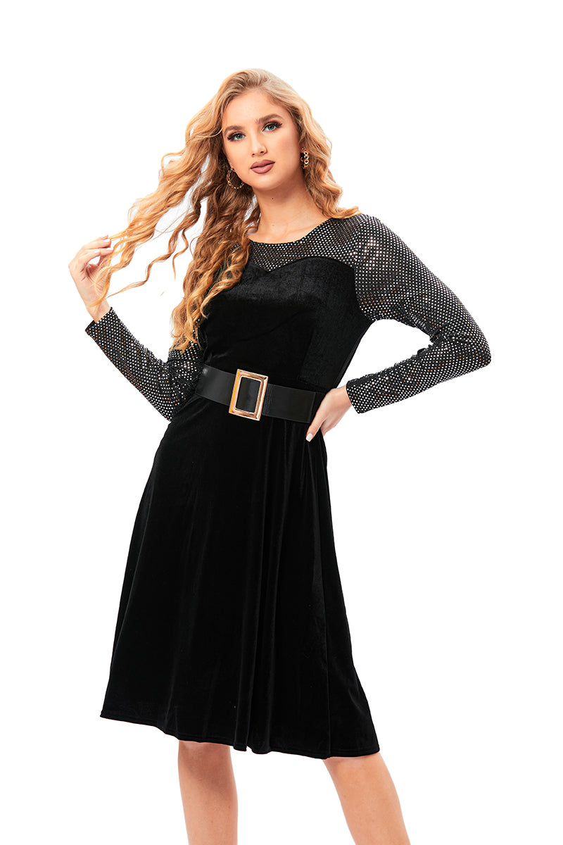 Mirror seq sleeves velvet dress with belt