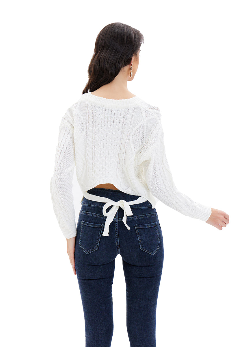 White v neck Sweater with back tie up