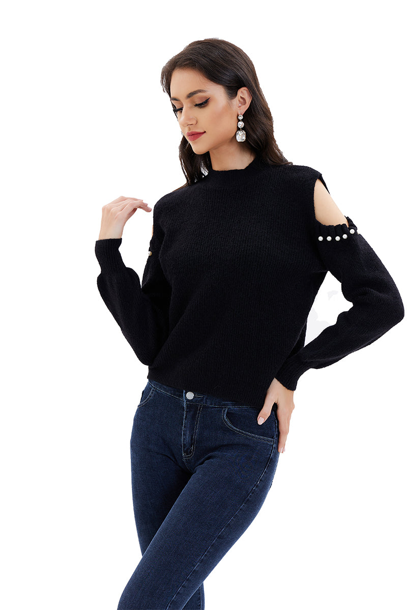 Cold shoulder sweater with pearls