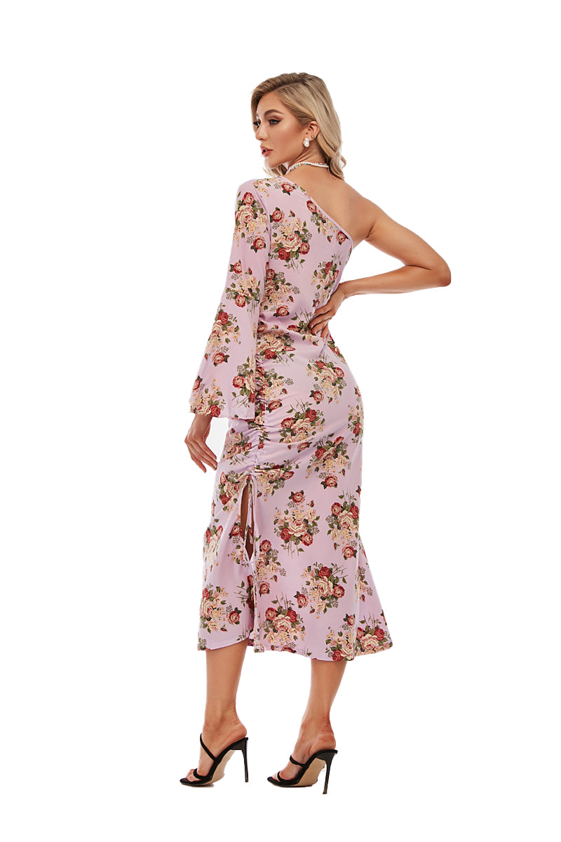 One shoulder floral print dress