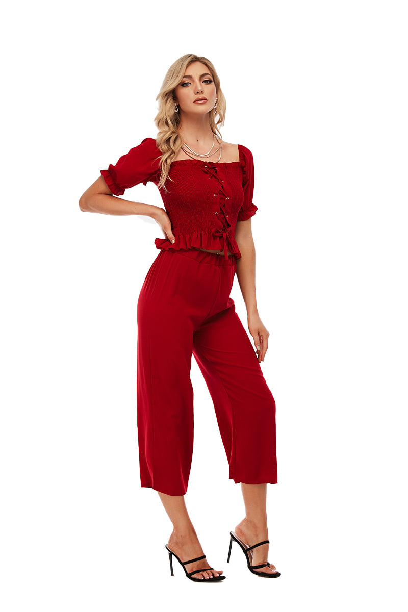 Lace up smock top and pant set