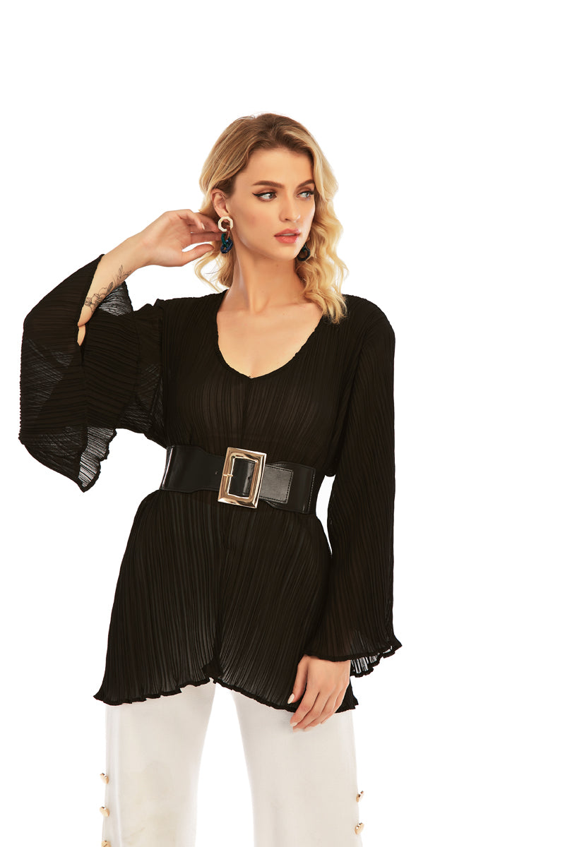 Pleated Top with Buckle Belt