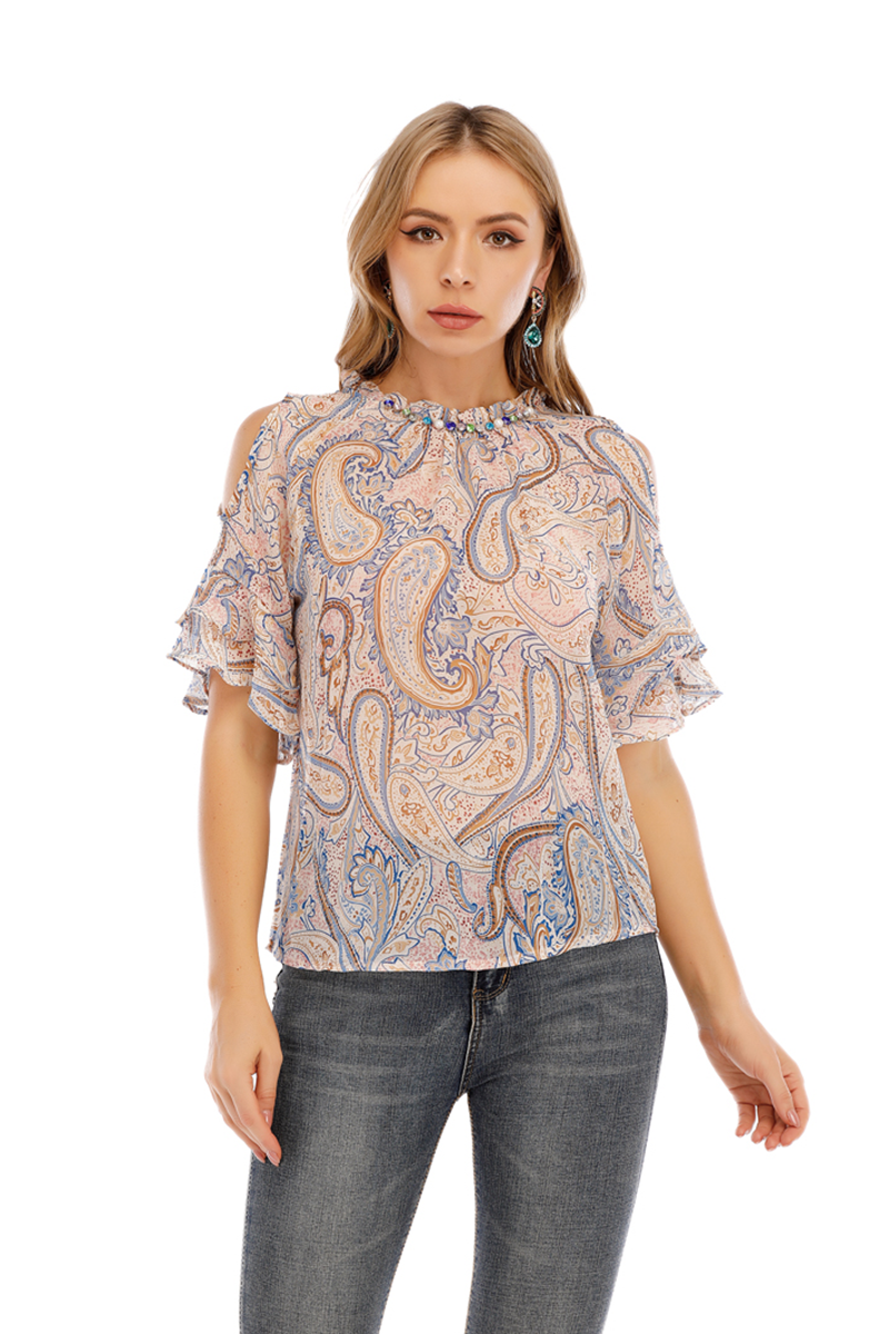 Cold Shoulder Printed Top with Neck Diamond