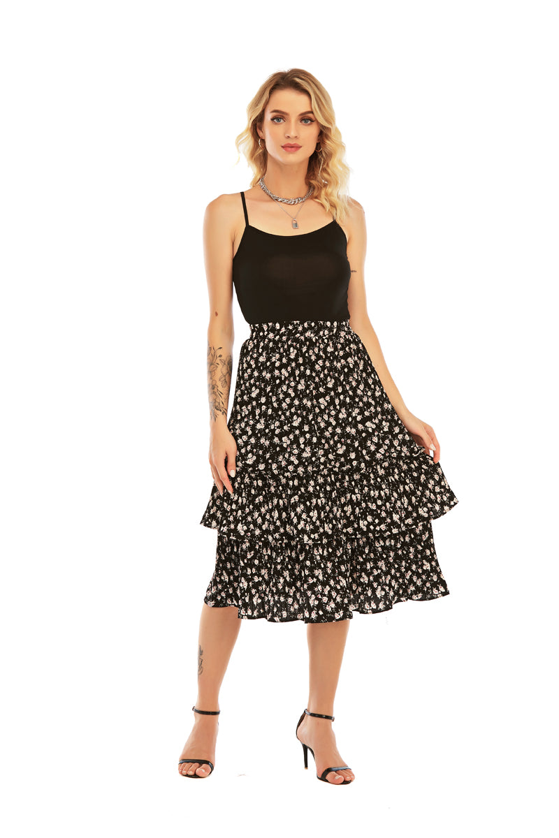 Black Floral Print layered Skirt