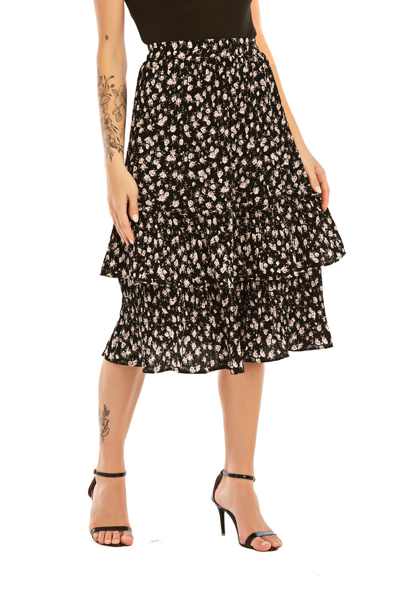 Black Floral Print layered Skirt