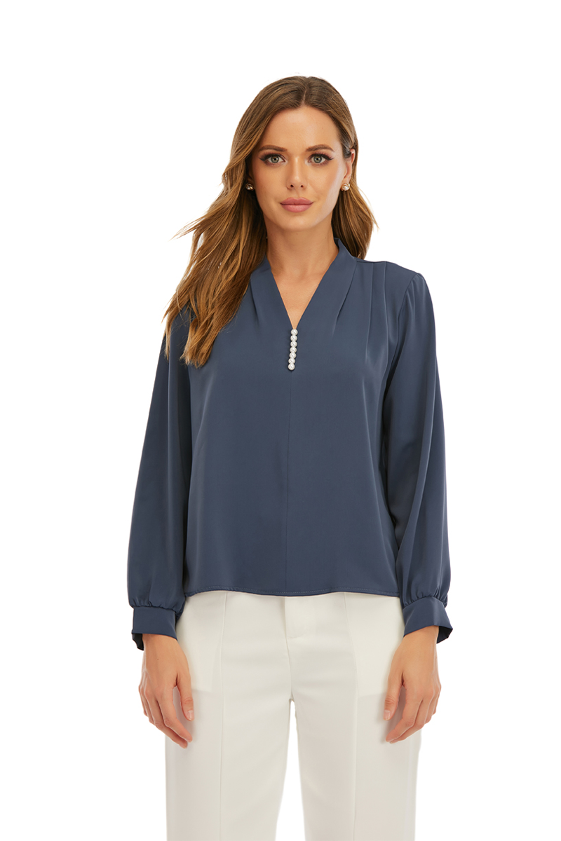 Pleated v neck top with pearls