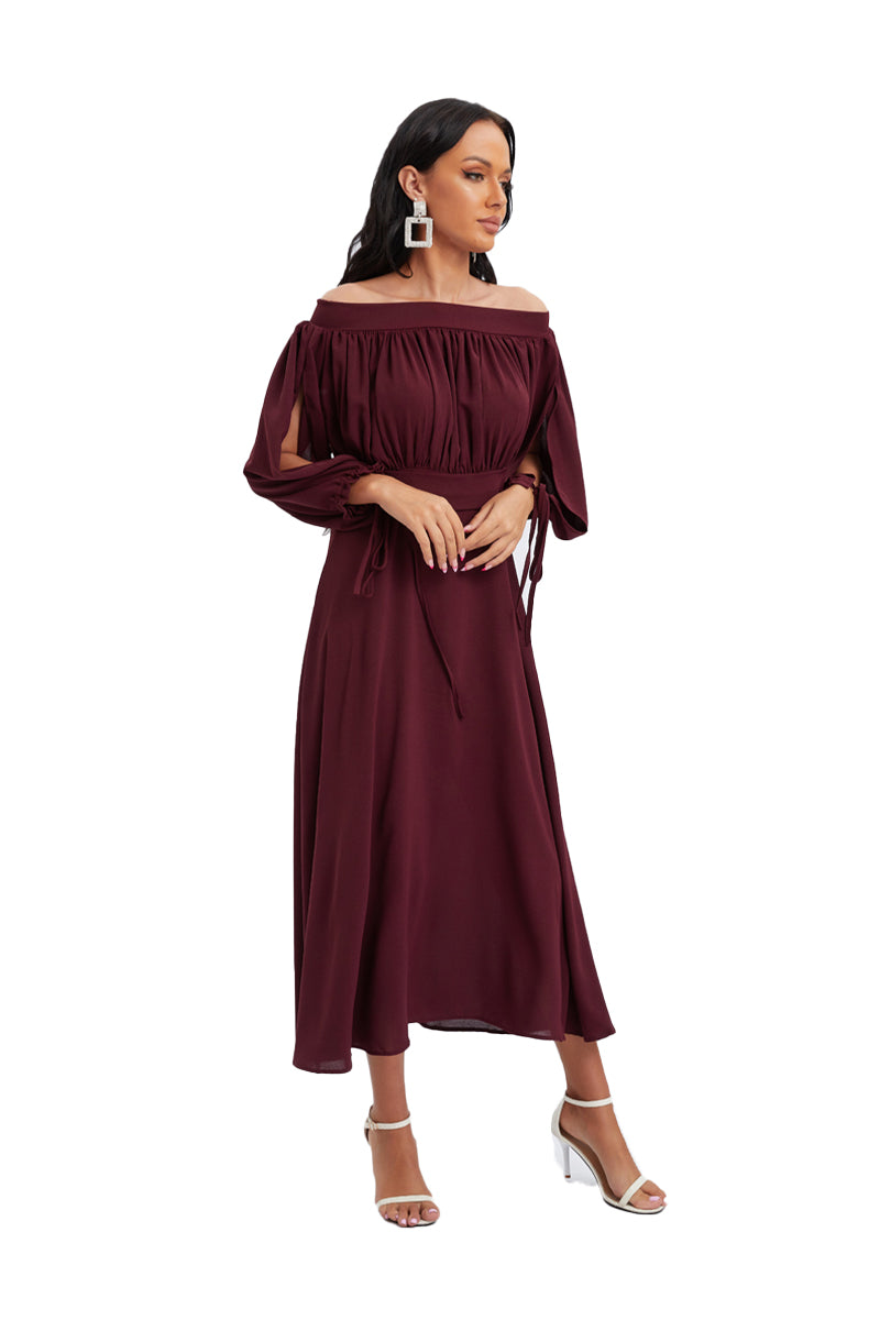 Off shoulder dress with open sleeve and cuff