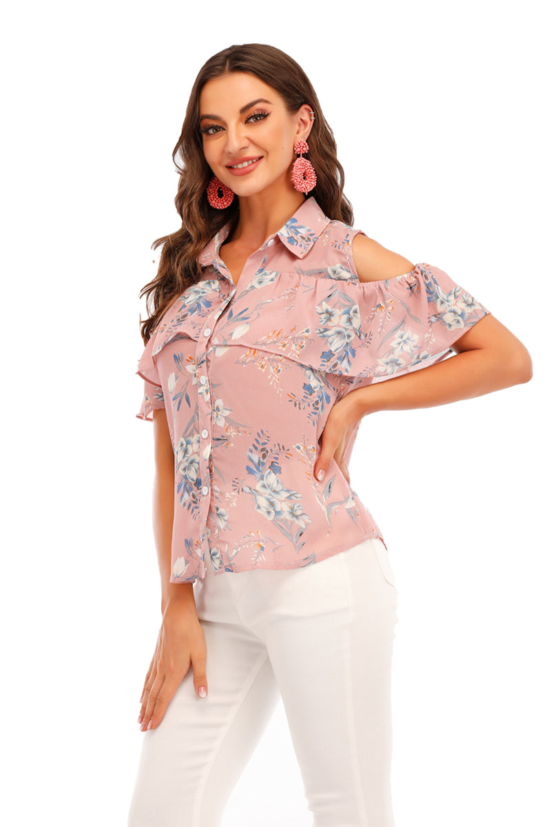 pink floral printed cold shoulder shirt