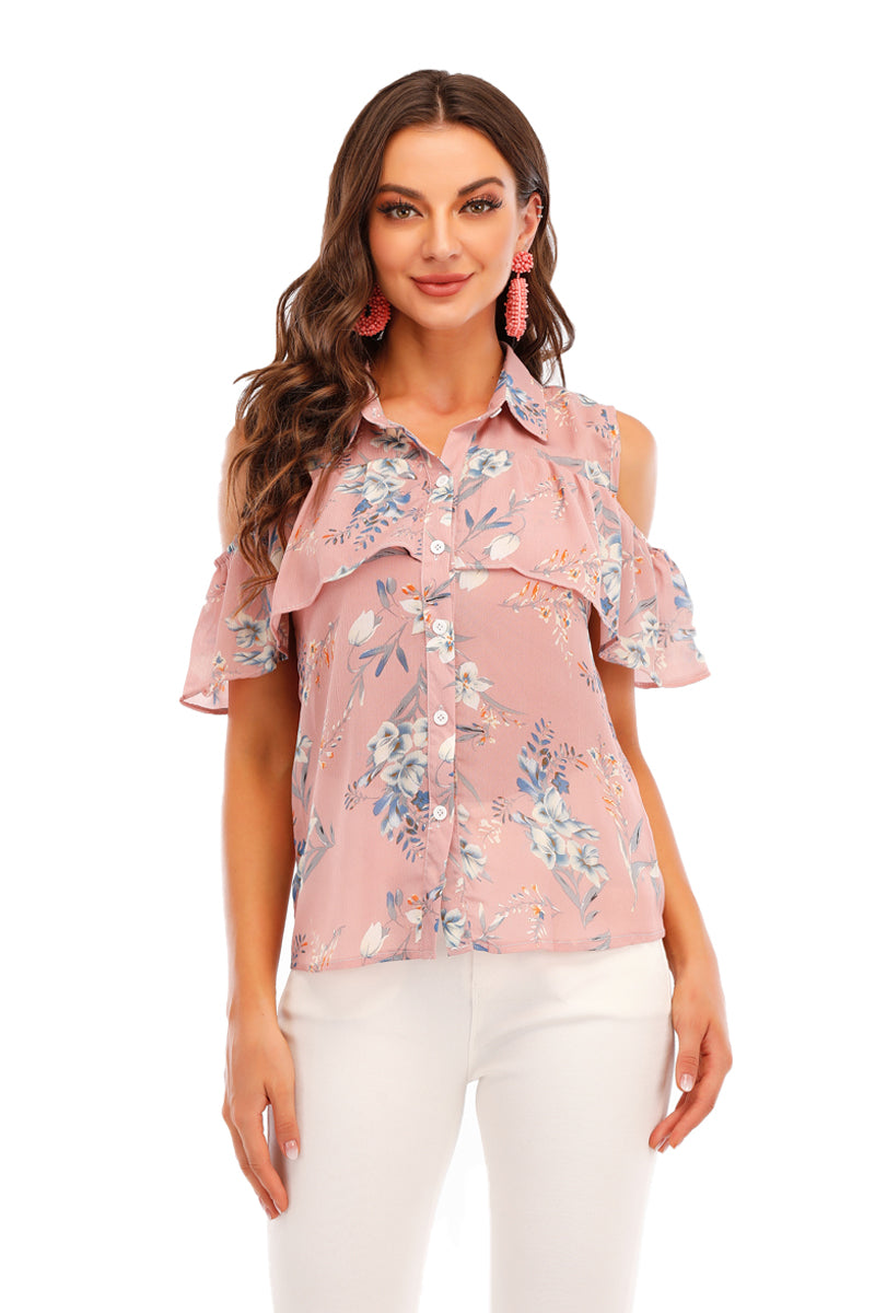 pink floral printed cold shoulder shirt