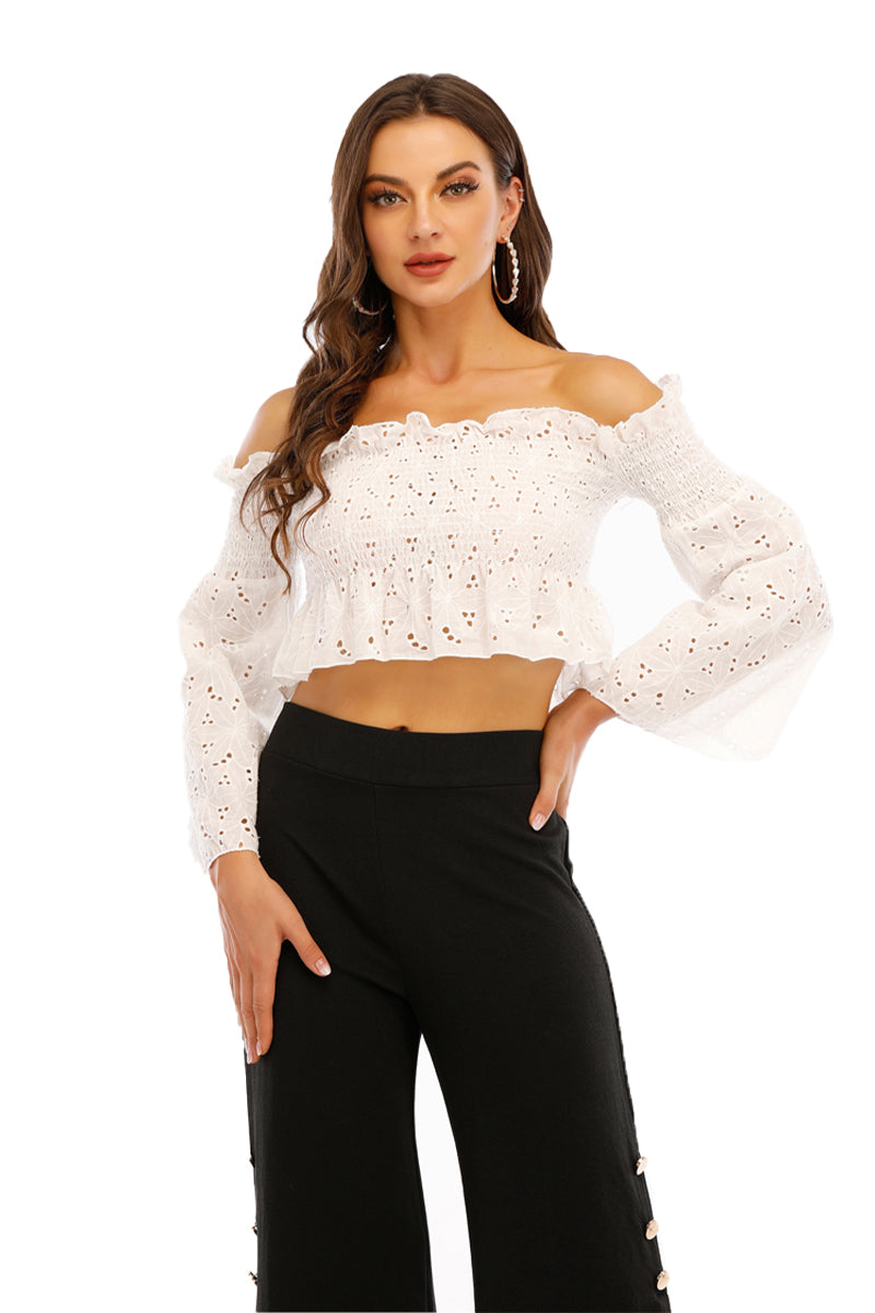 Smock off shoulder top with puffy sleeves