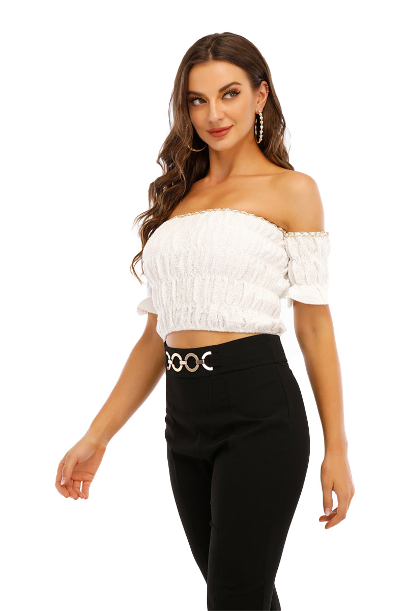 Smock off shoulder top with puffy sleeves