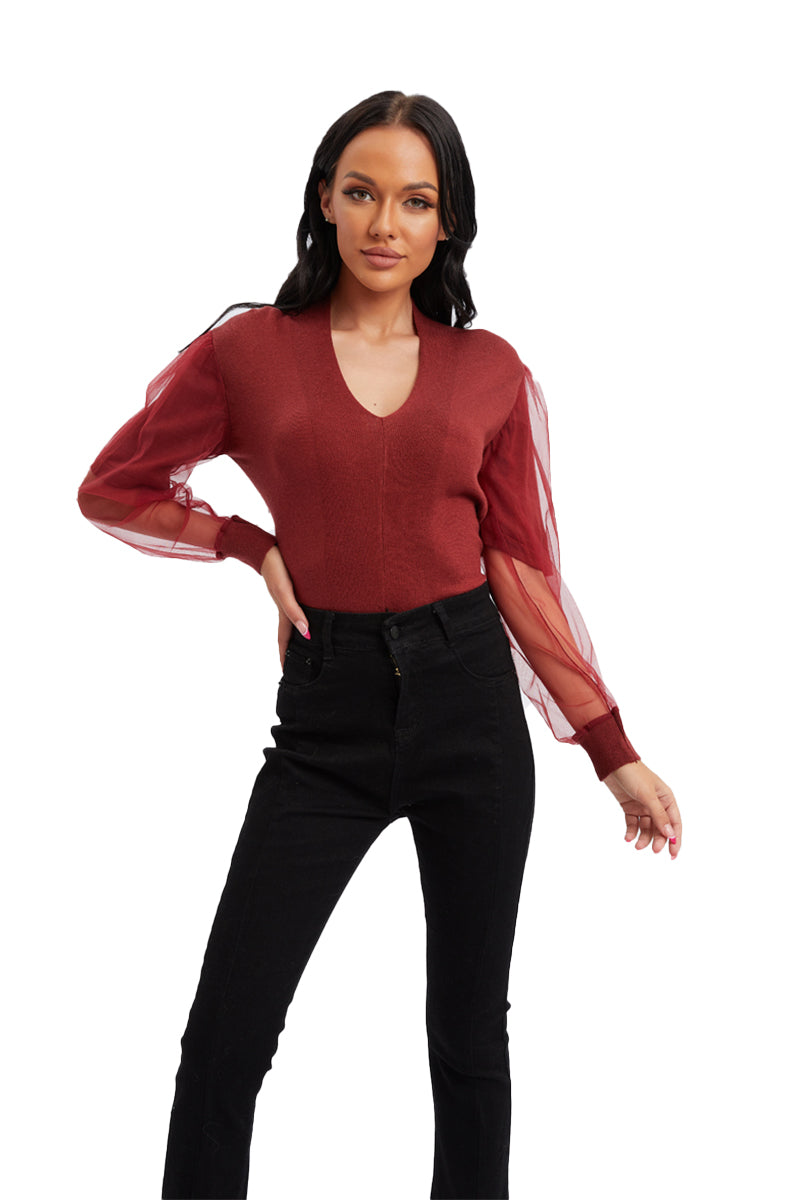 V neck sweater with mesh sleeves