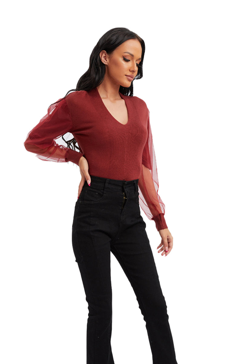 V neck sweater with mesh sleeves