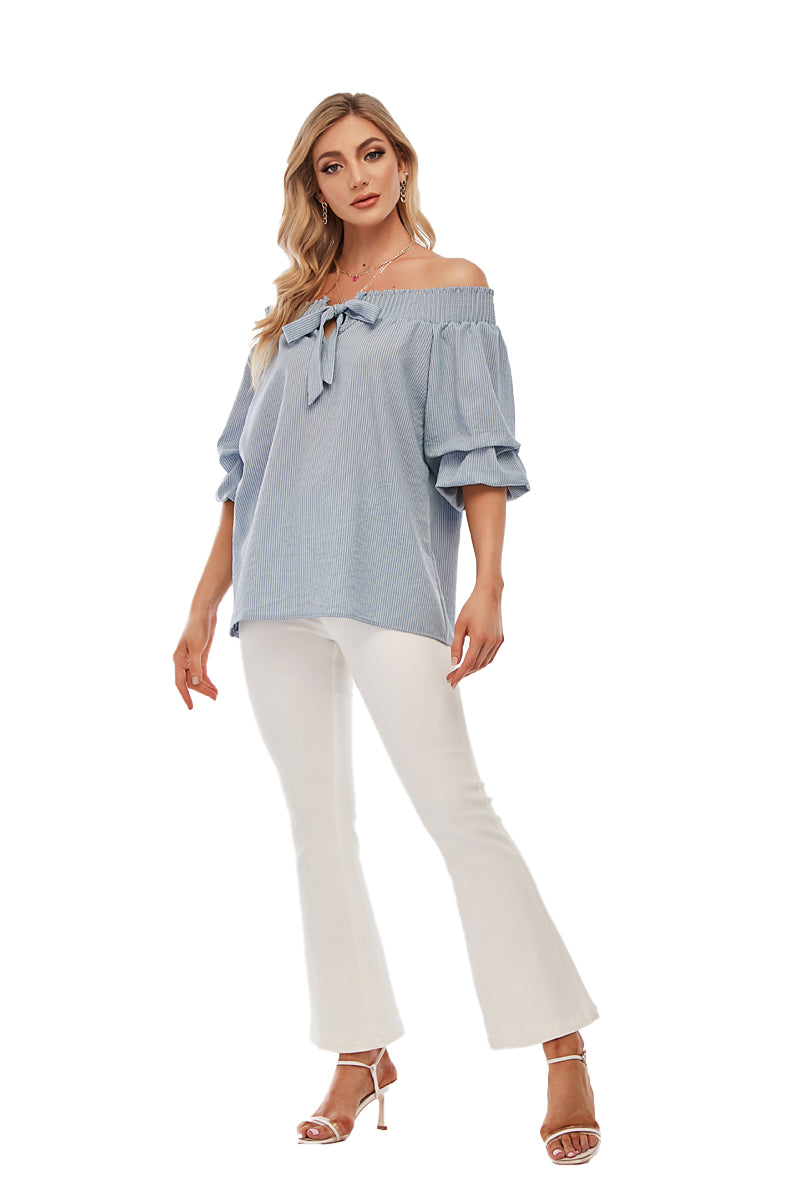 Striped off shoulder top with puffy sleeves