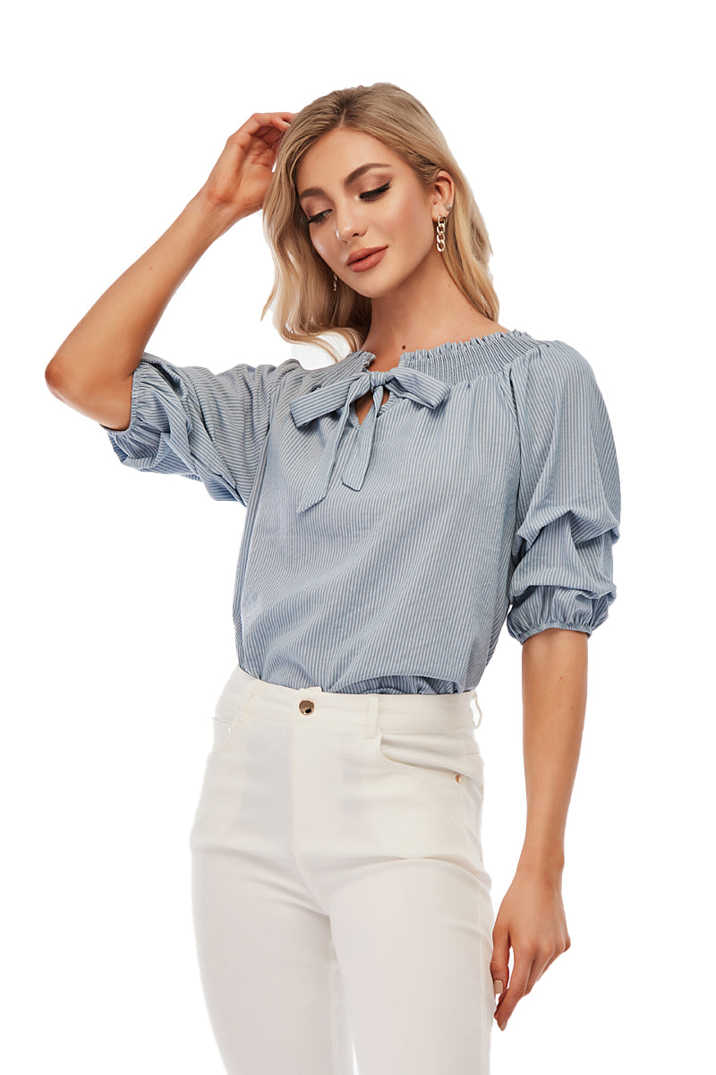 Striped off shoulder top with puffy sleeves