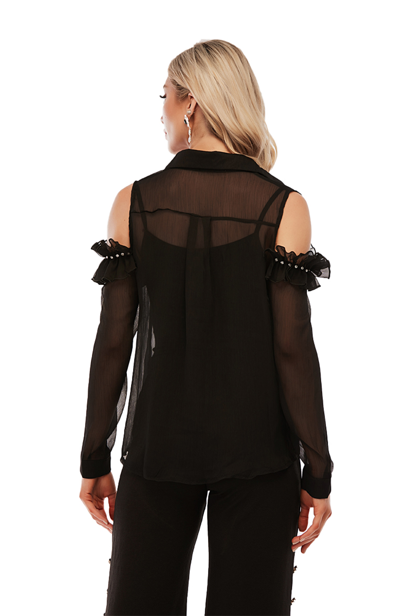 Cold shoulder shirt with ruffle and diamond